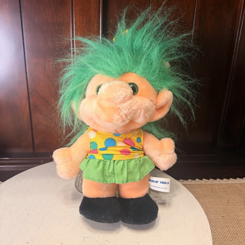 Trolio Trolls Doll Green Hair Yellow Dress Polka Dots Plush Stuffed Vintage 1992